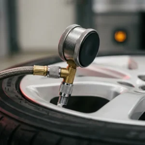 Tire Pressure hub hero, a digital gauge on a valve stem with a soft amber TPMS glow behind in soft light