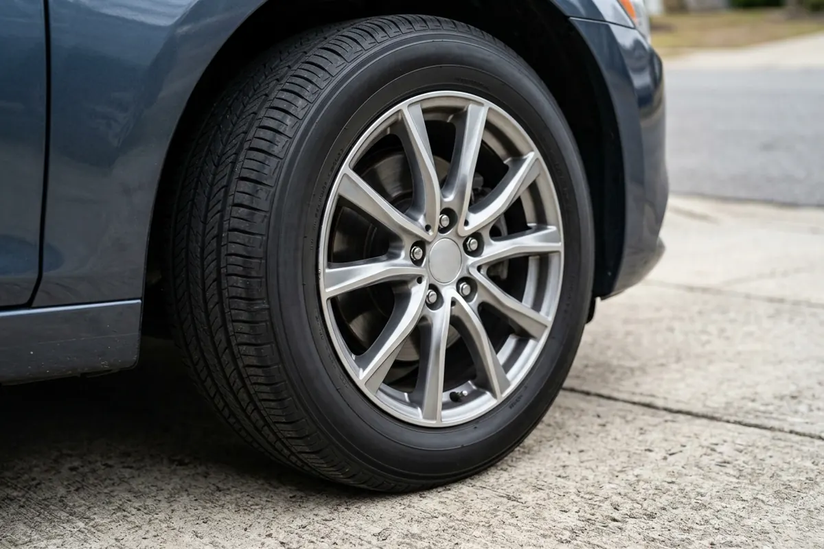 Low-angle daylight view of a parked car tire sidewall and wheel on a driveway, the angle for spotting damage