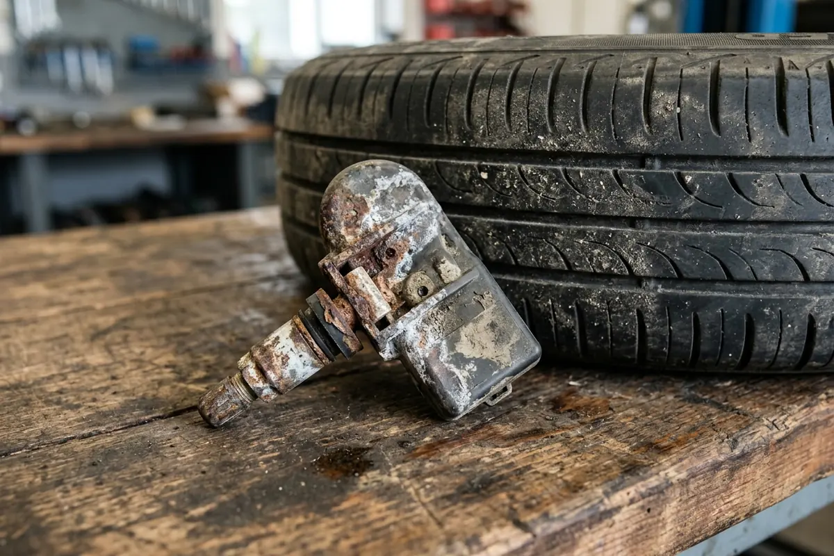 Close-up of a corroded TPMS sensor and valve stem removed from a wheel on a workshop bench