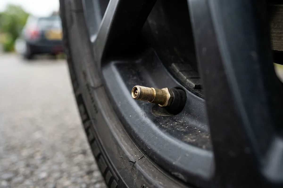 Digital tire pressure gauge with its screen off resting on a car tire near the valve stem on a driveway