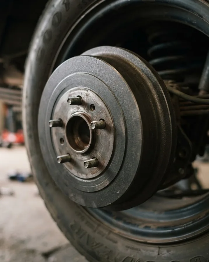 Close-up illustrating what brake drums are and where they sit