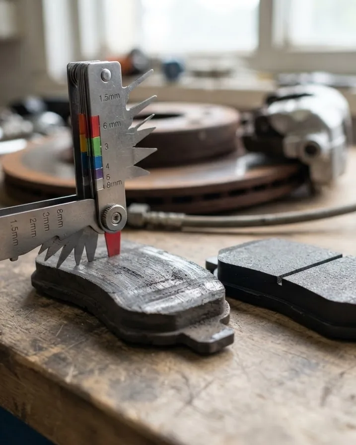 Close-up of a brake pad gauge measuring friction material thickness