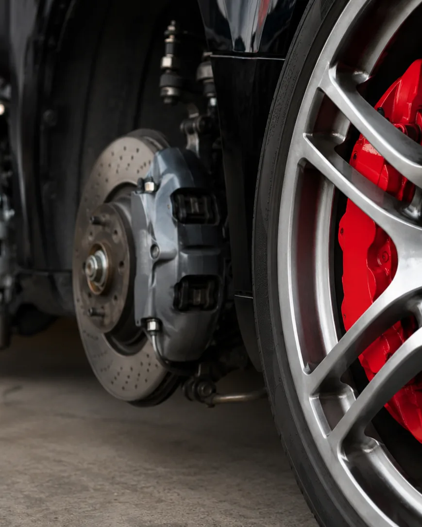 Close-up illustrating what red brake calipers actually mean