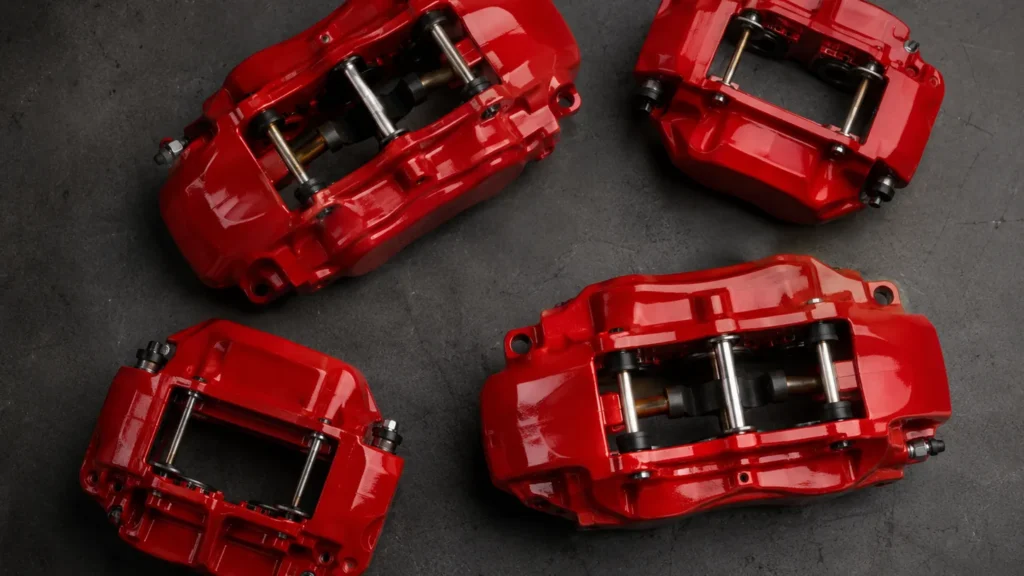 Editorial photo of red brake calipers