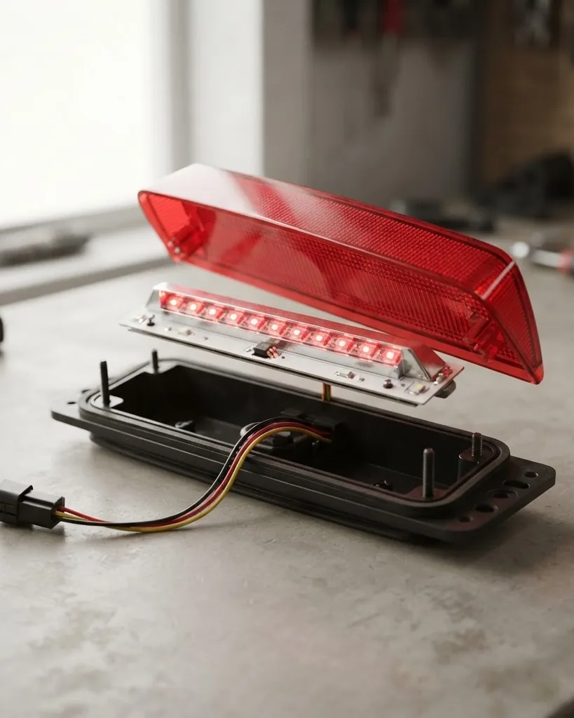 Third brake light disassembled, showing the LED circuit board, red lens, housing, and wiring connector