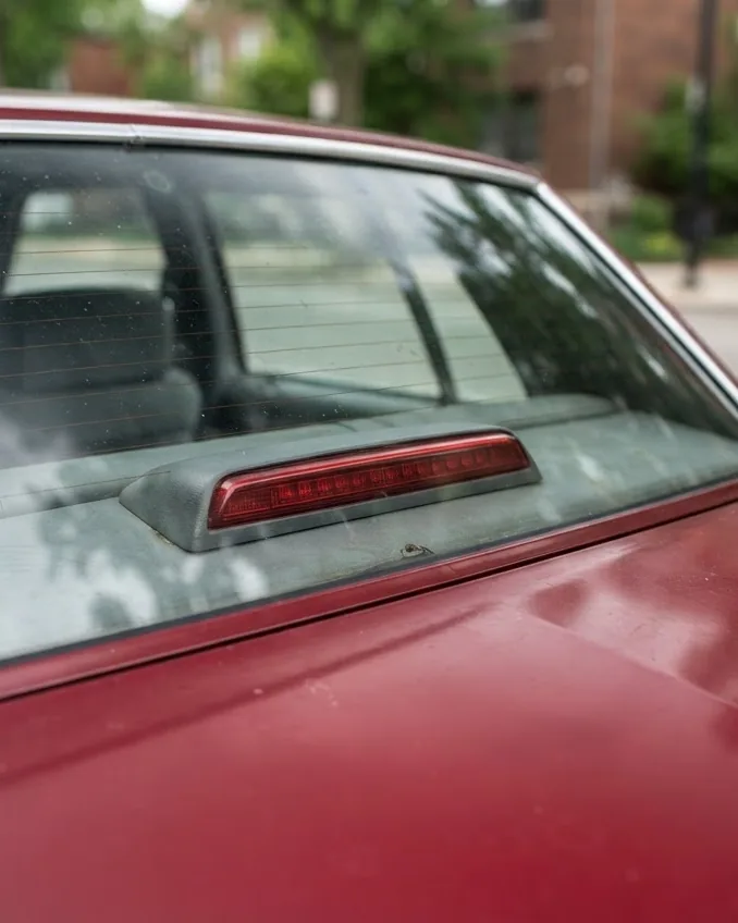 Third brake light mounted on the rear parcel shelf, seen through the back window of a car