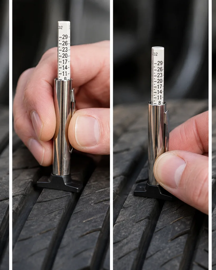 Close-up illustrating what a tire tread gauge is and why it matters