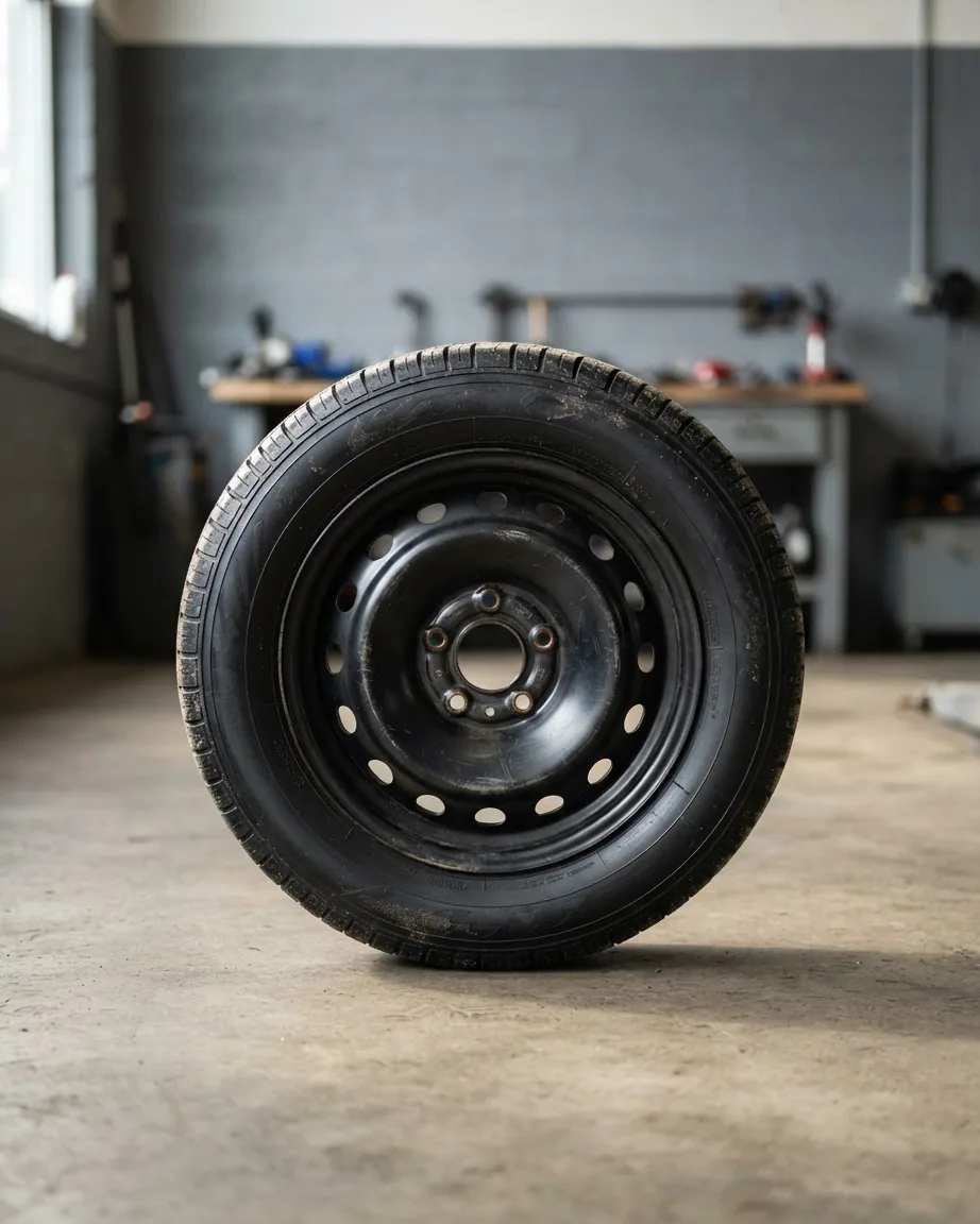 A black spare tire mounted on a steel wheel stands upright on a concrete floor inside an automotive workshop.