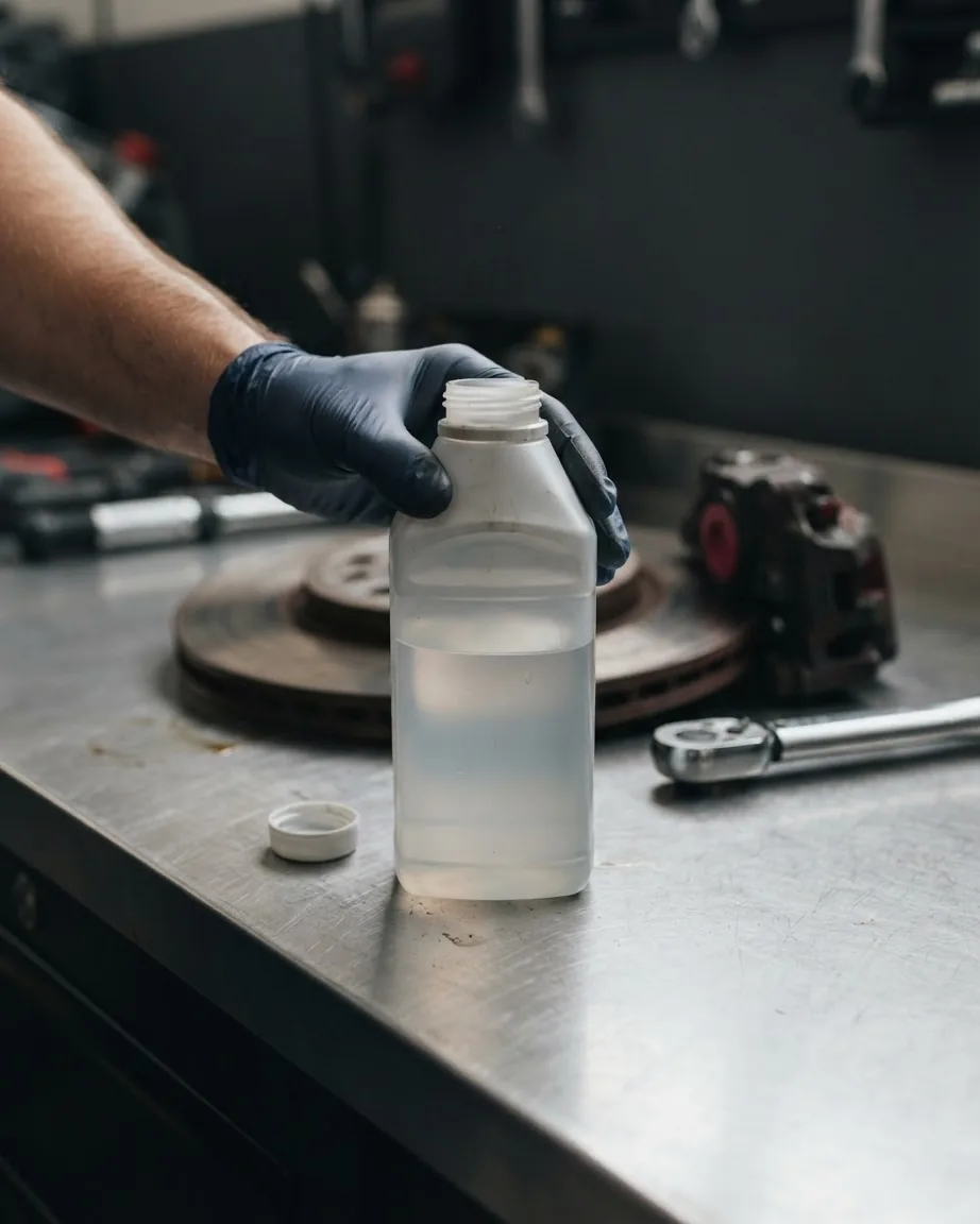 A gloved hand holds an open translucent fluid bottle beside brake parts and a wrench.