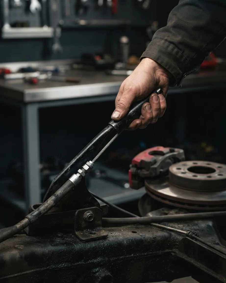 A mechanic's hand grips a black parking brake lever attached to an exposed cable assembly in a workshop.