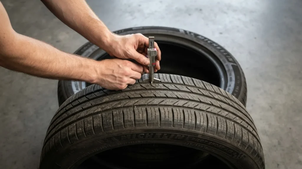 Hands use a tread depth gauge to measure a car tire, with a second tire resting behind it on a garage floor.