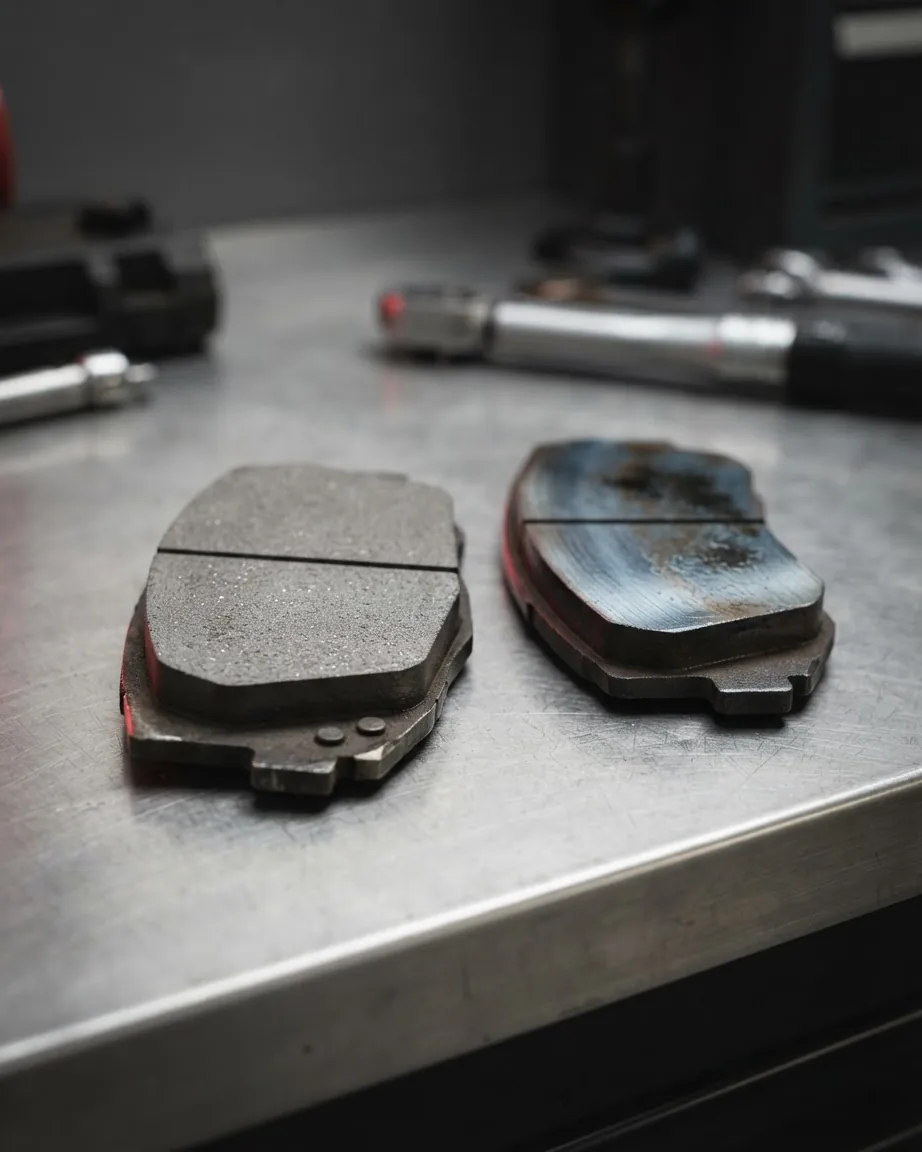 Two brake pads on a metal workbench, one with a matte gray surface and the other with dark glossy wear marks.