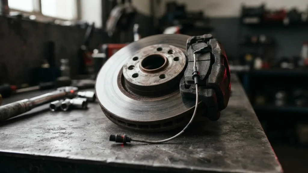 A used brake rotor and caliper on a workshop bench, with a wear sensor cable and connector resting in front.