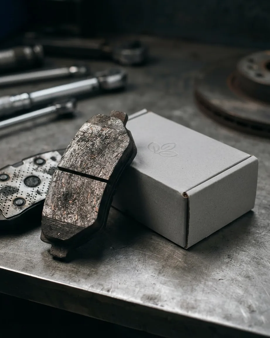 A textured brake pad leans against a gray box with a faint three-leaf symbol on a metal workbench surrounded by tools.