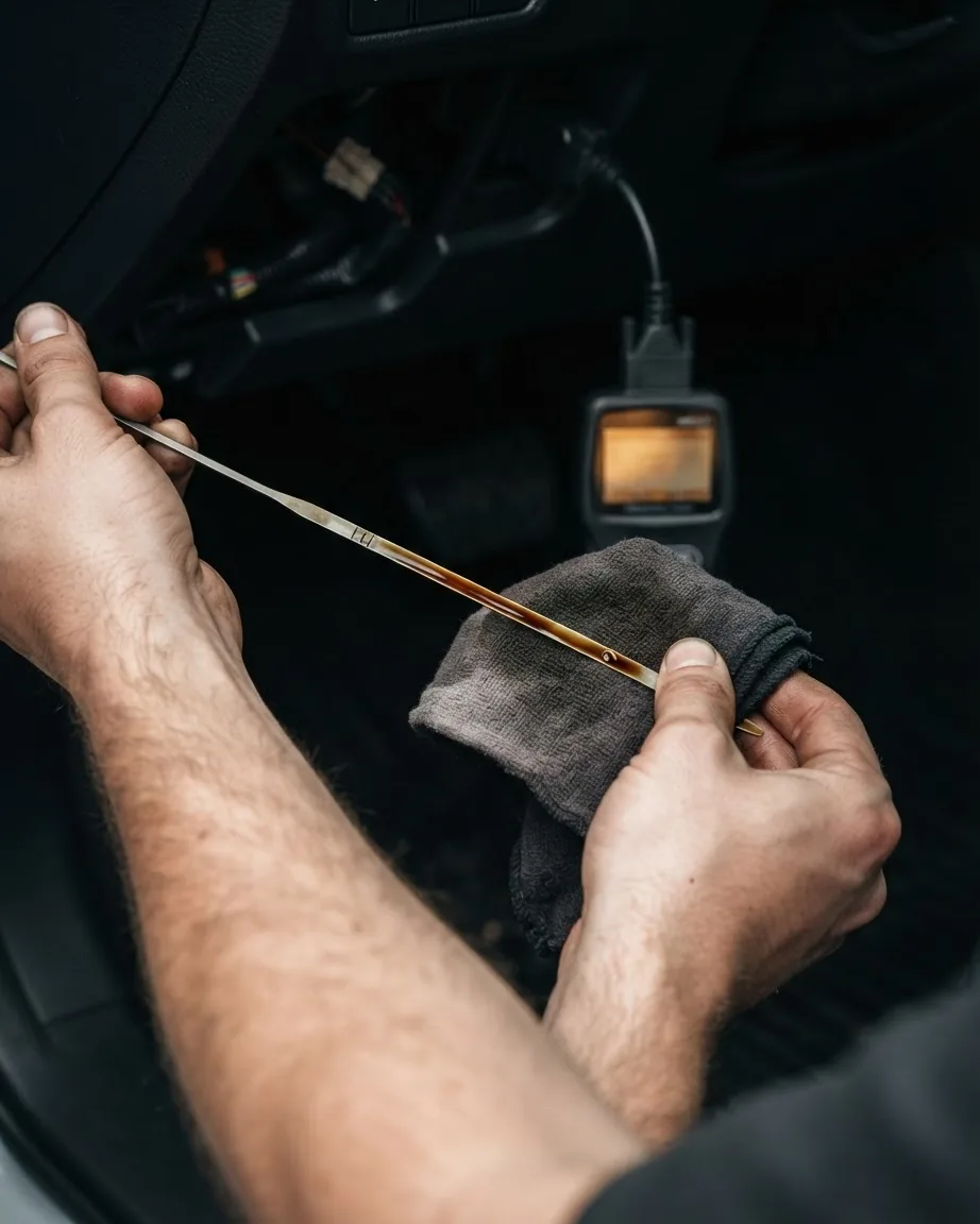 Hands hold an oil-stained engine dipstick against a gray rag inside a dark vehicle interior.
