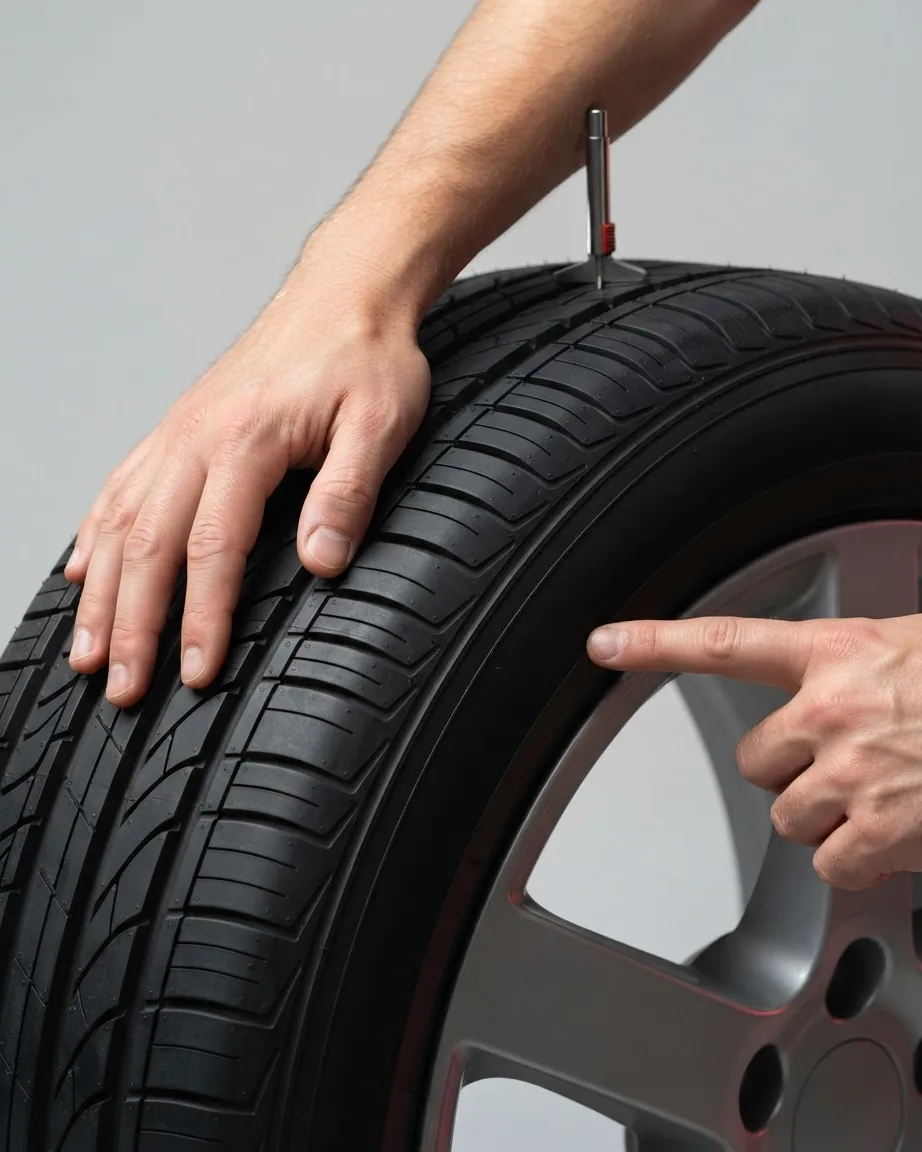 Two hands touch a car tire, one spanning the tread and one pointing at the sidewall near the rim.