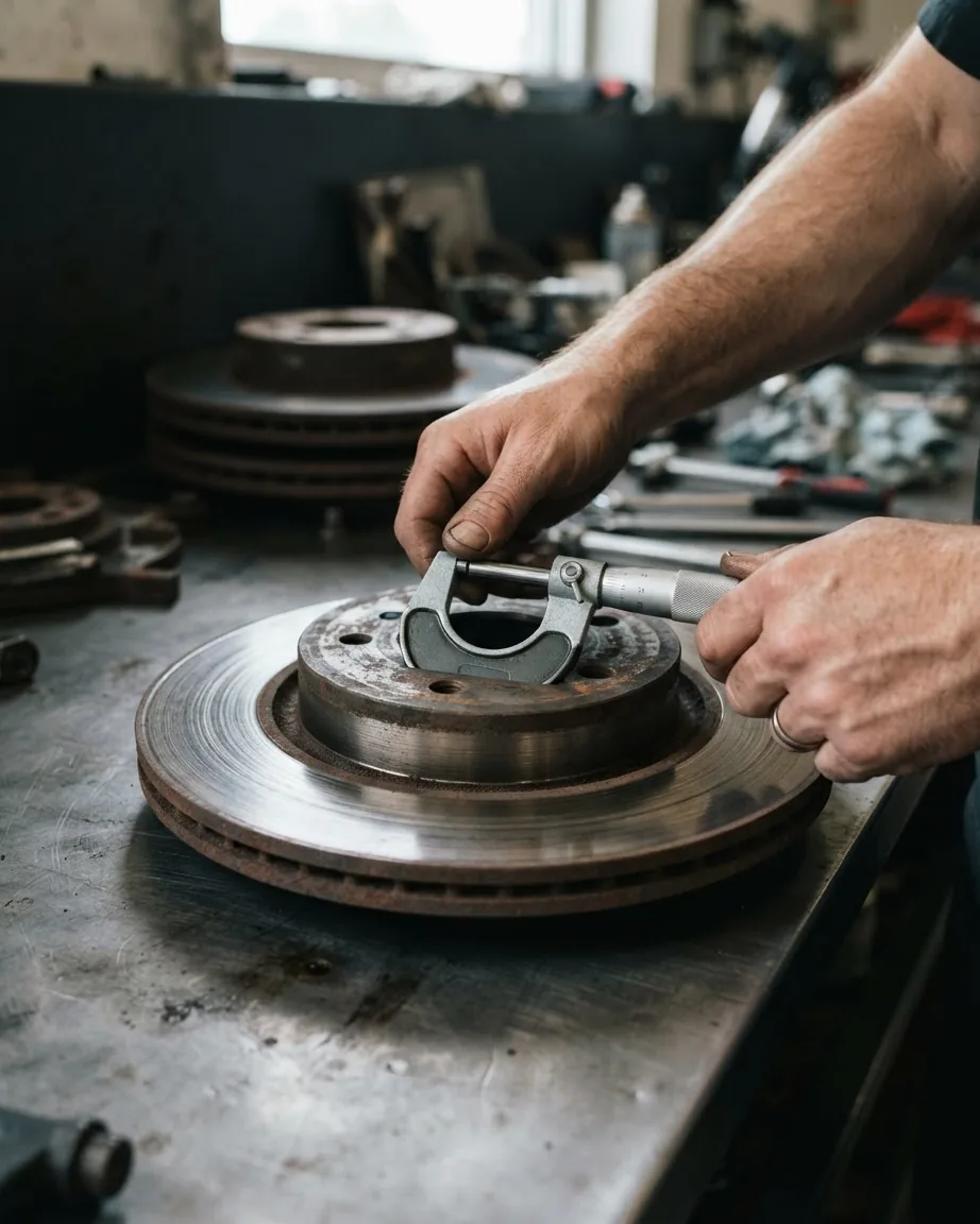 Hands hold a micrometer against a brake rotor resting on a metal workbench in an automotive workshop.