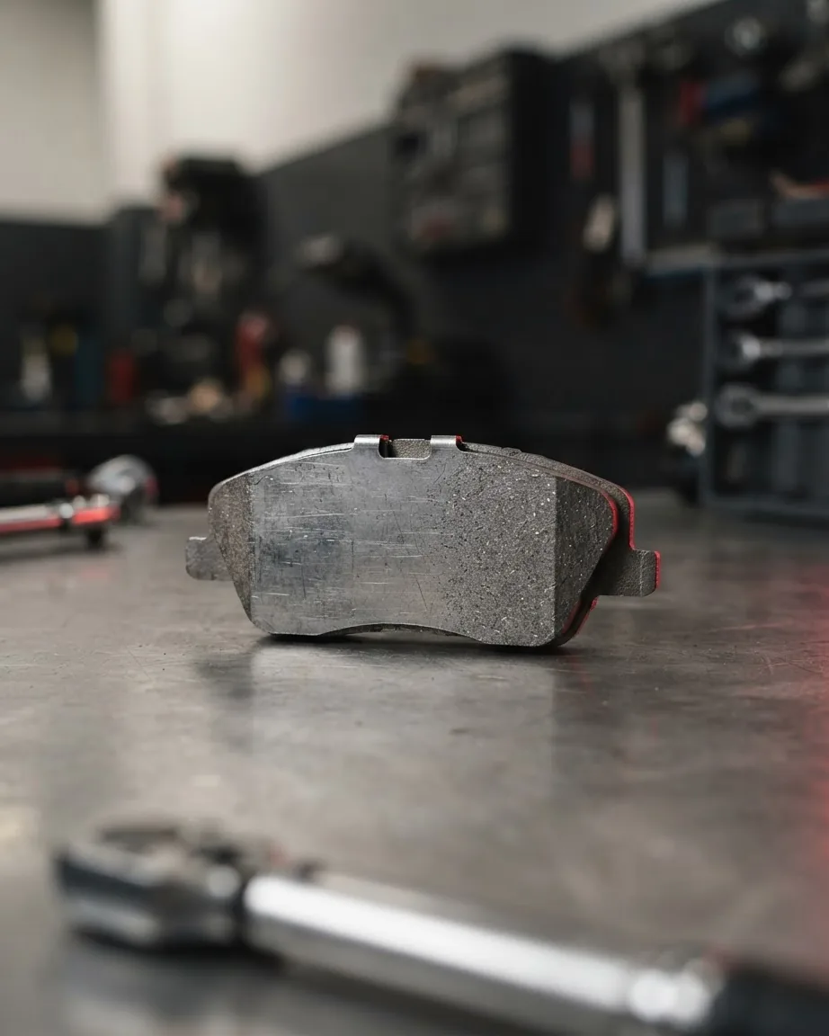 A gray brake pad with a dark backing layer rests upright on a metal workbench in a blurred automotive workshop.