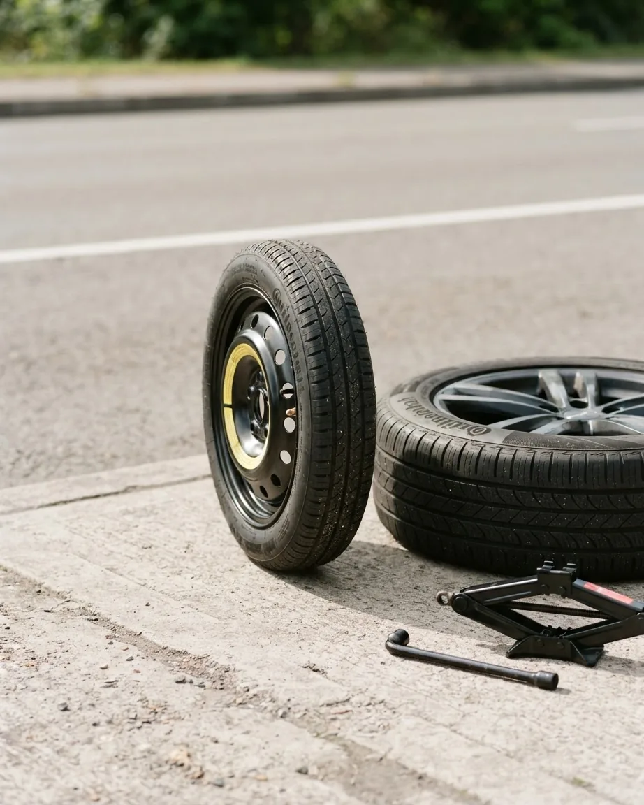 A narrow temporary spare tire stands upright beside a full-size tire, scissor jack, and lug wrench on a roadside.
