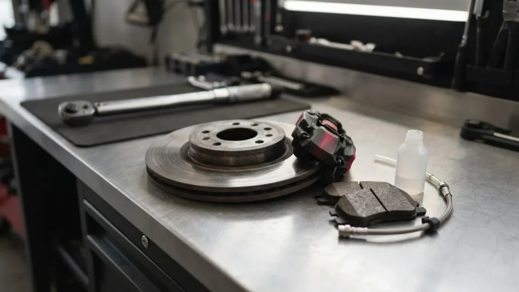 Brake rotor, caliper, pads, hoses, and an unlabeled fluid bottle on a workshop bench.