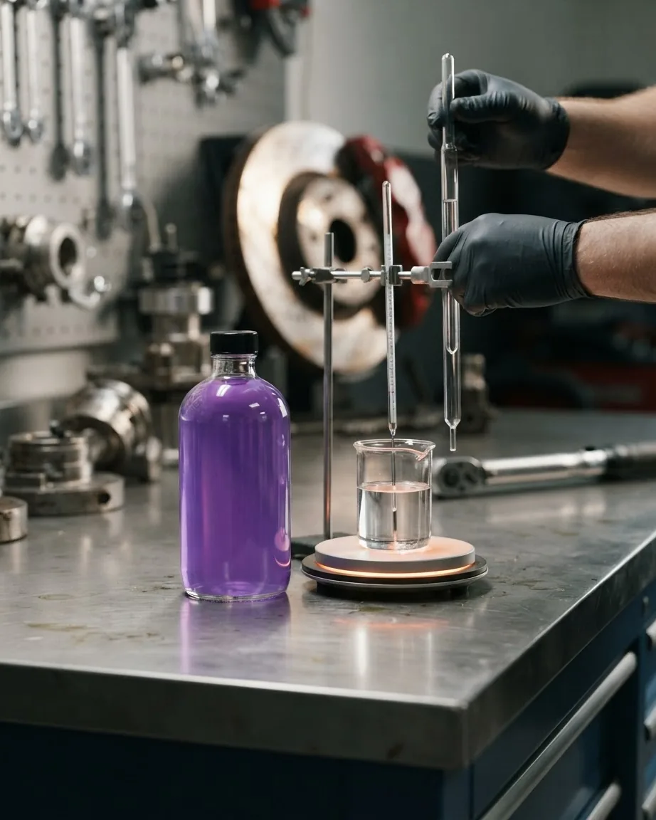 Purple fluid bottle beside a beaker and glass laboratory testing instruments on a workbench.