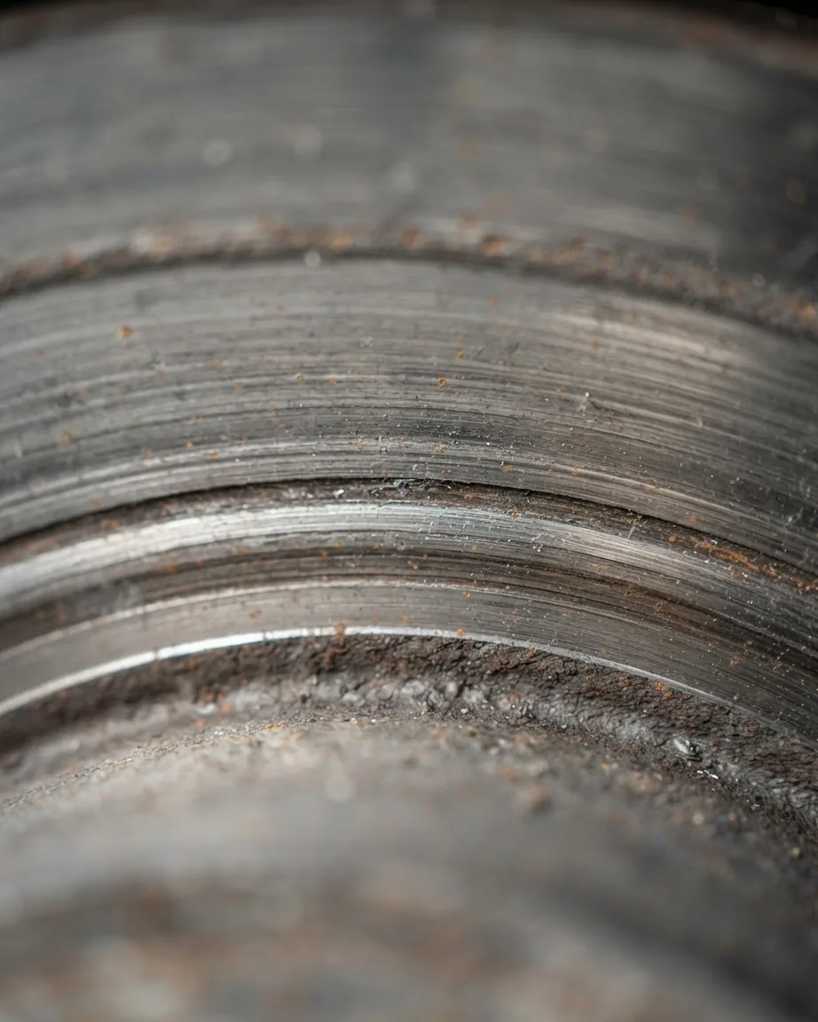 Extreme close-up of a brake rotor with circular wear grooves, scattered rust spots, and corrosion along its edges.