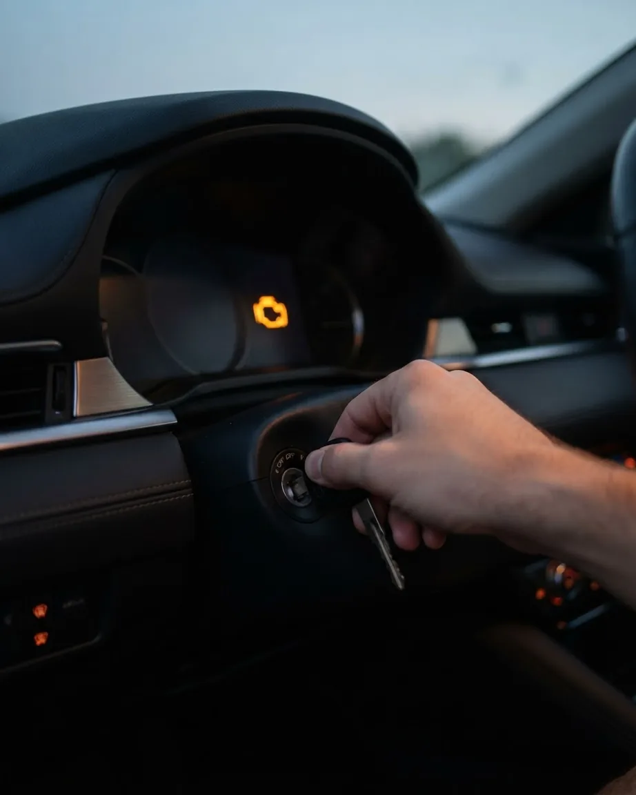 Illuminated check engine warning on a car dashboard as a hand turns the ignition key.