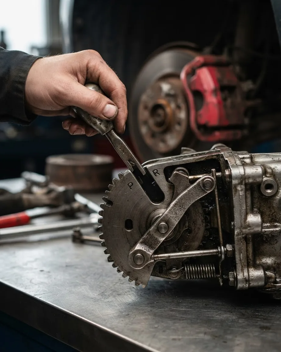 A mechanic's hand operates a metal lever on an exposed gear-and-linkage assembly beside a vehicle's brake rotor.