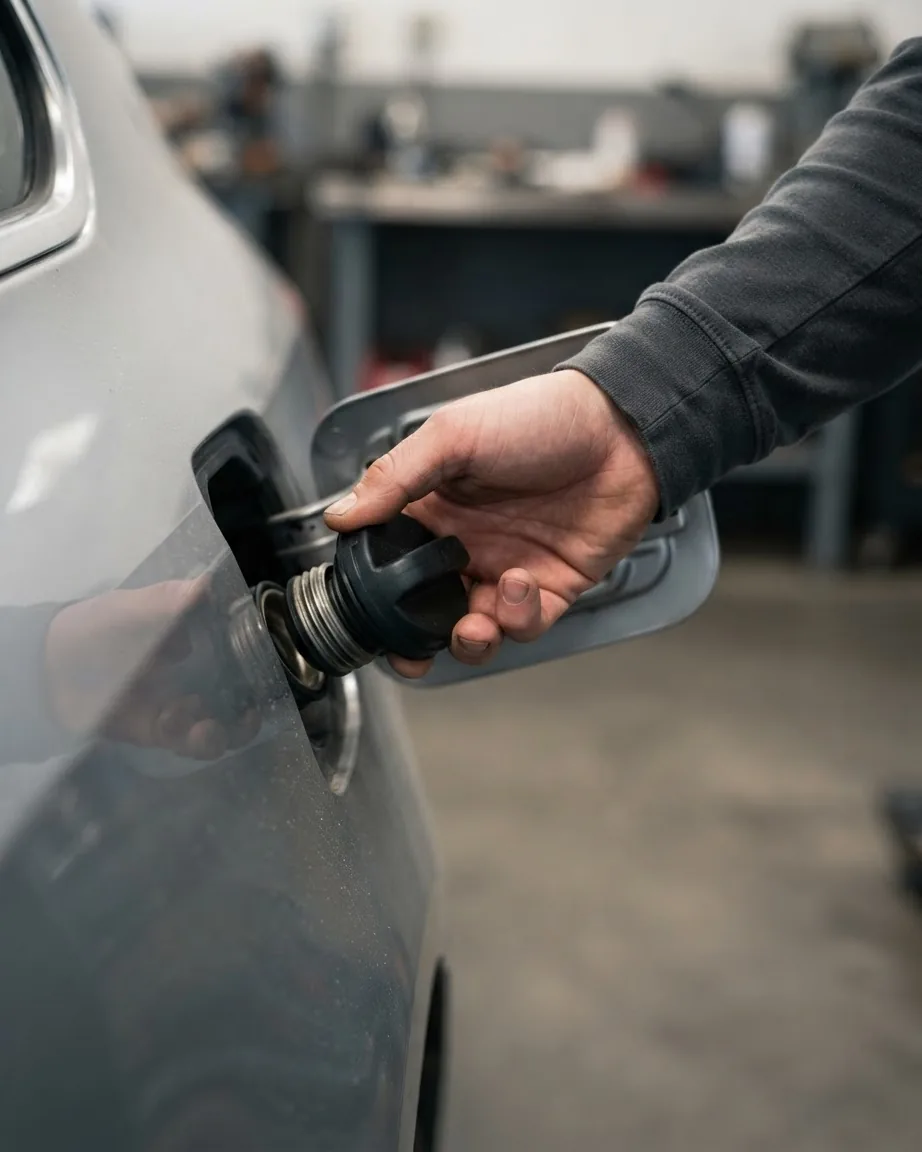 A hand twists a black gas cap into the fuel opening of a gray car.