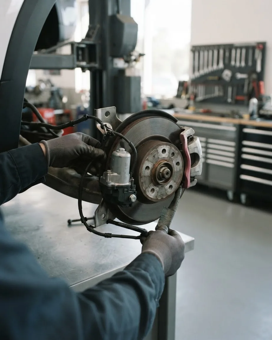 Gloved mechanic's hands handle wiring around a vehicle's exposed brake rotor and caliper in a repair workshop.