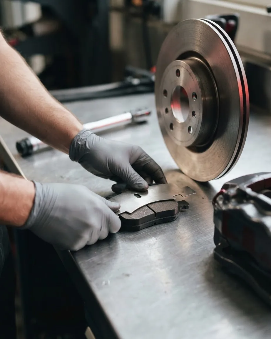 Gloved hands position a metal brake pad shim over a brake pad on a workbench beside a brake rotor and caliper.