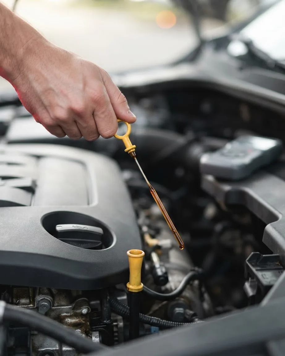 A hand holds an oil-coated dipstick above its yellow tube in an open car engine compartment.