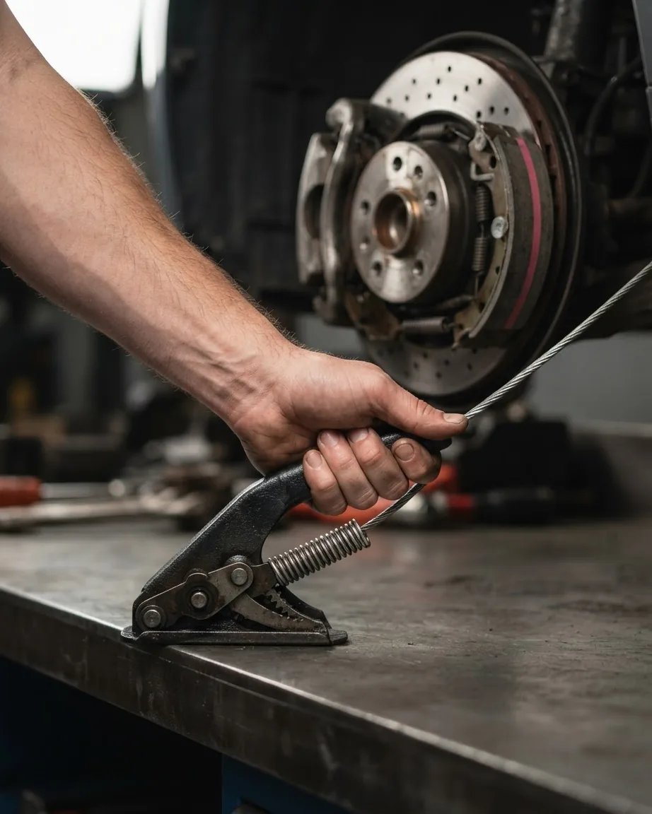 A hand grips a black mechanical lever attached to a steel cable, with an exposed car brake assembly behind it.