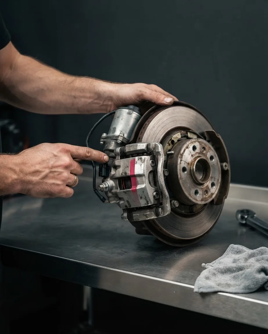 A mechanic's hands point to a brake caliper and electric actuator on a worn brake disc resting on a metal workbench.