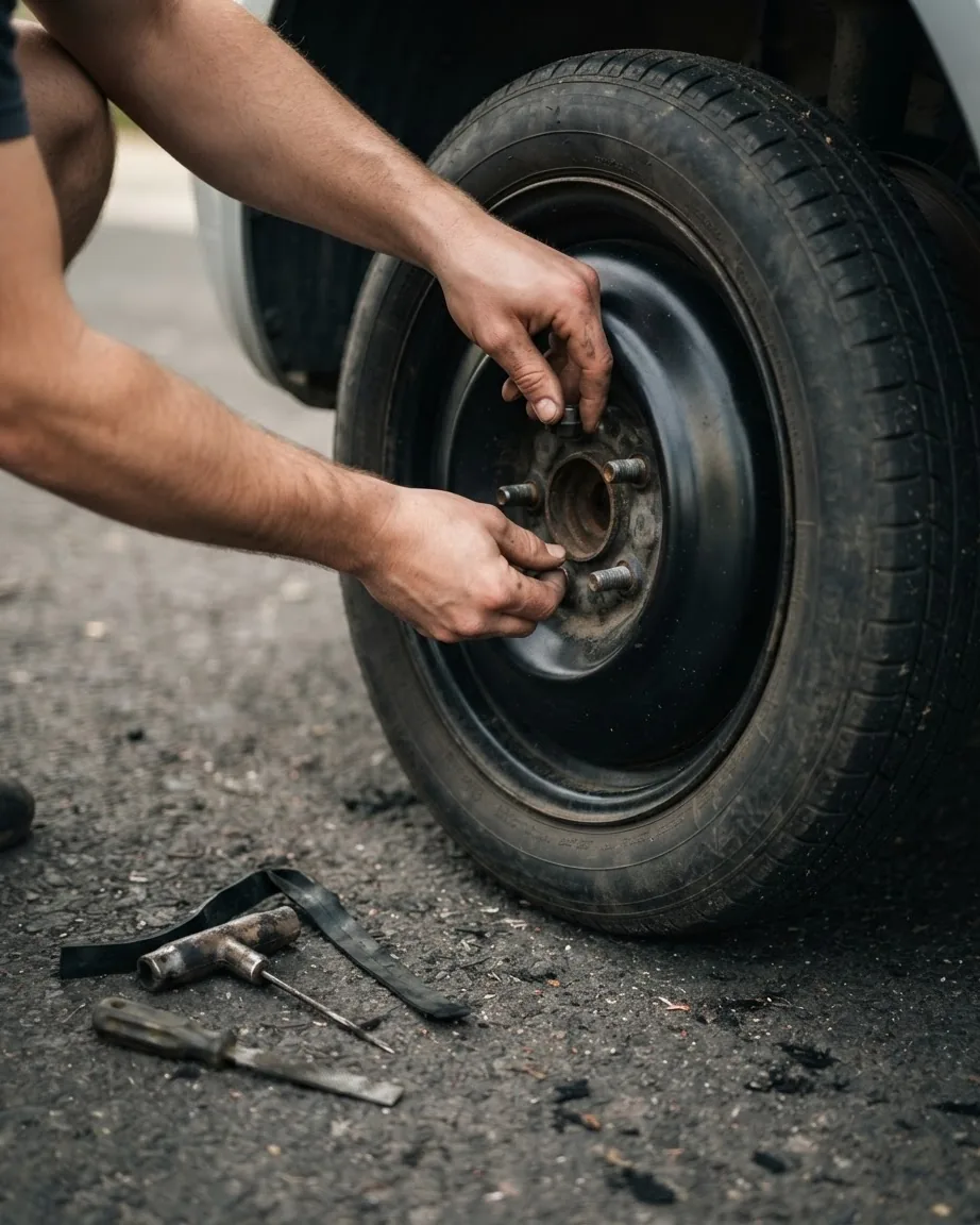 Hands fasten a black steel spare wheel onto a vehicle hub, with tire tools scattered on the asphalt.