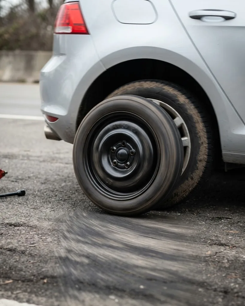 A silver hatchback with a spinning black spare tire, motion streaks on the road, and a red jack nearby.