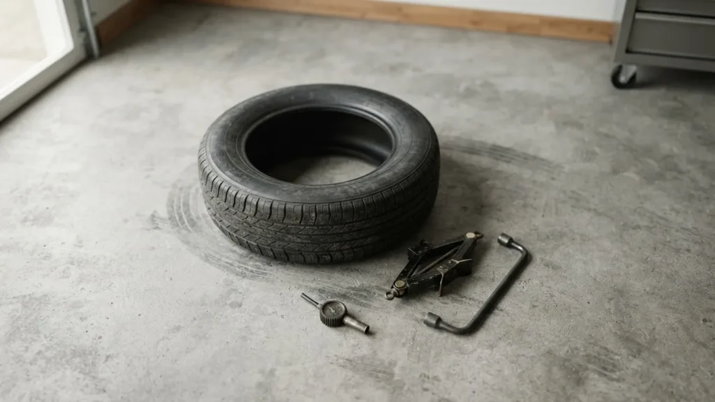 A black tire lies flat on a concrete garage floor beside a scissor jack, lug wrench, and small tool.