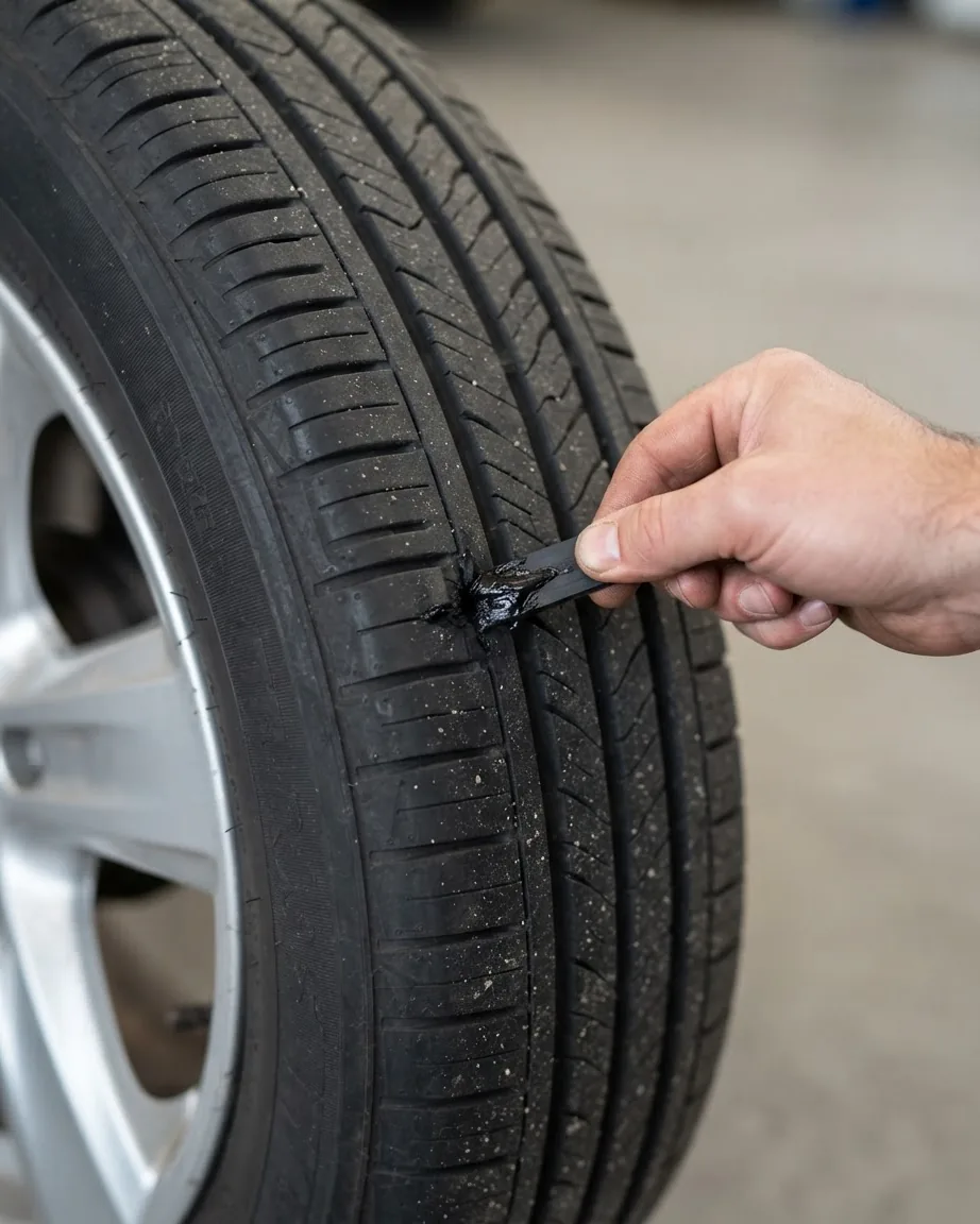 A hand presses a black tire repair plug into a puncture in the tread of a car tire mounted on a silver wheel.