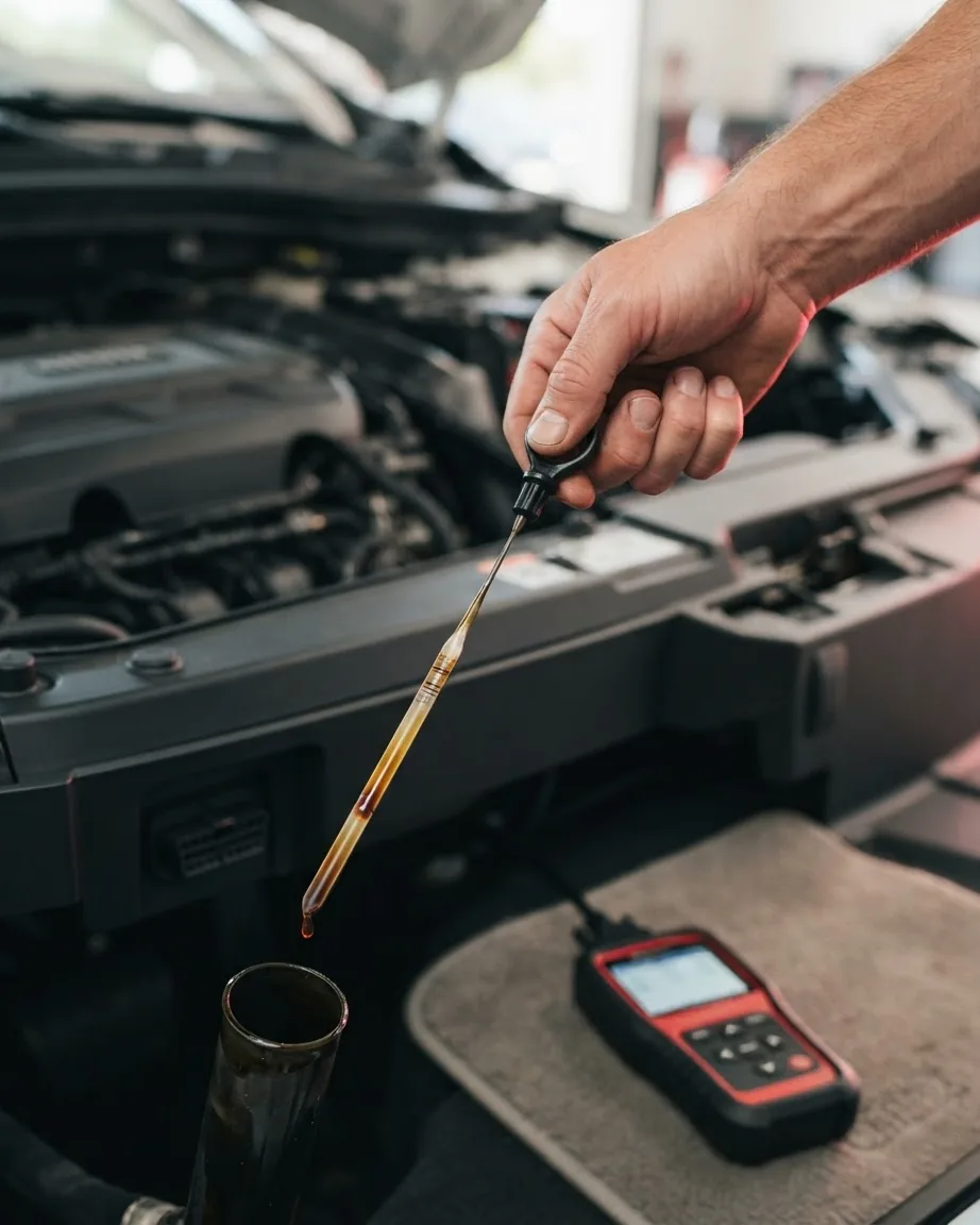 A hand holds an oil-covered dipstick above an open tube beside a car engine and diagnostic device.