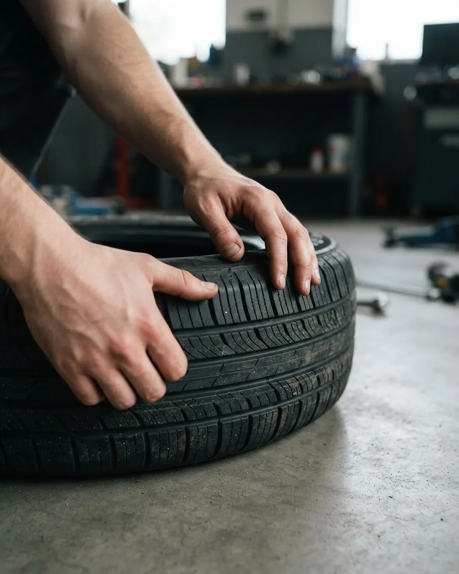 Hands closely inspect the tread of a black car tire resting on a concrete workshop floor.