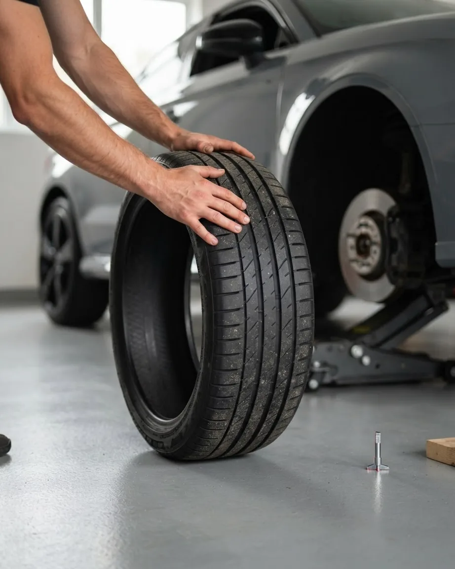 Hands hold an upright car tire beside a raised gray vehicle with an exposed brake disc in a garage.