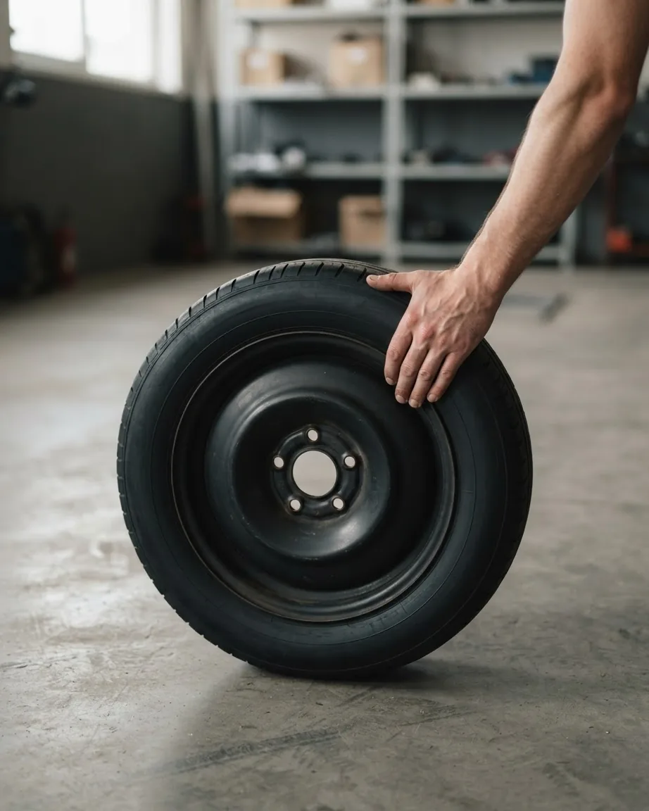 A hand grips the sidewall of an upright spare tire with a black steel wheel on a garage floor.