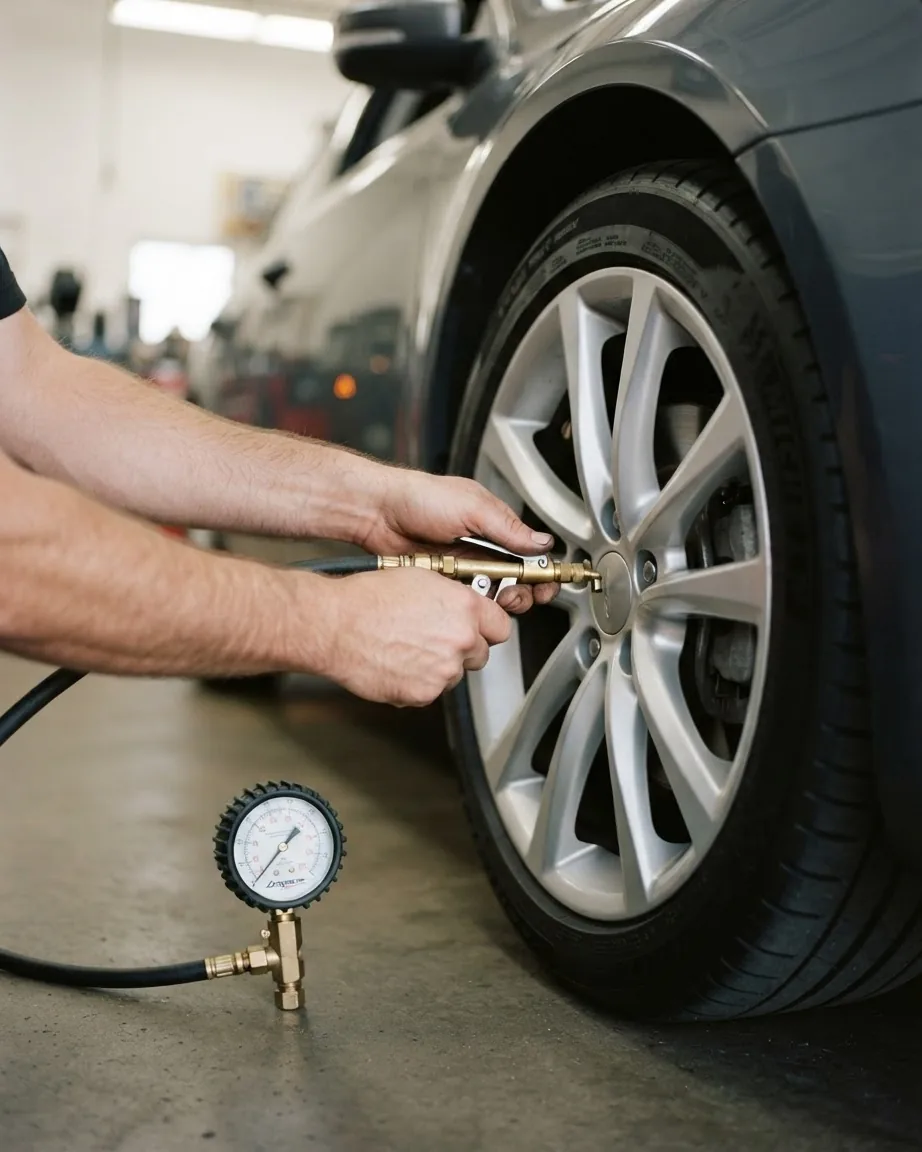 Hands connect an air hose to a car tire valve beside a pressure gauge.