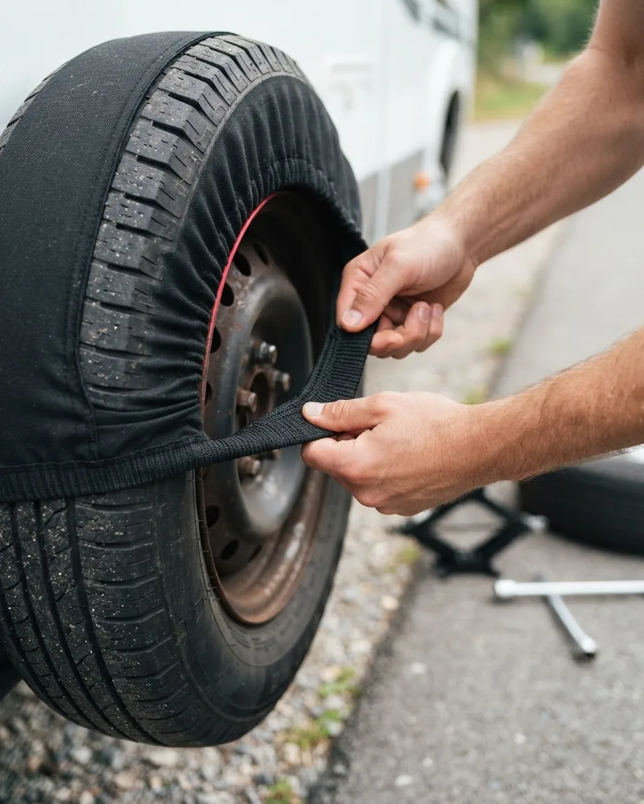 Hands pull the elastic hem of a black fabric cover around a spare tire mounted beside a white camper.