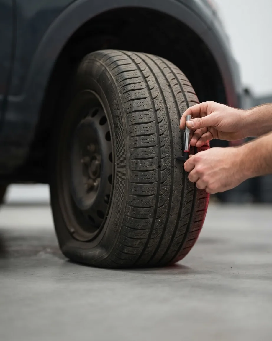 Close-up of a vehicle tire bearing weight while hands check its tread with a small gauge.
