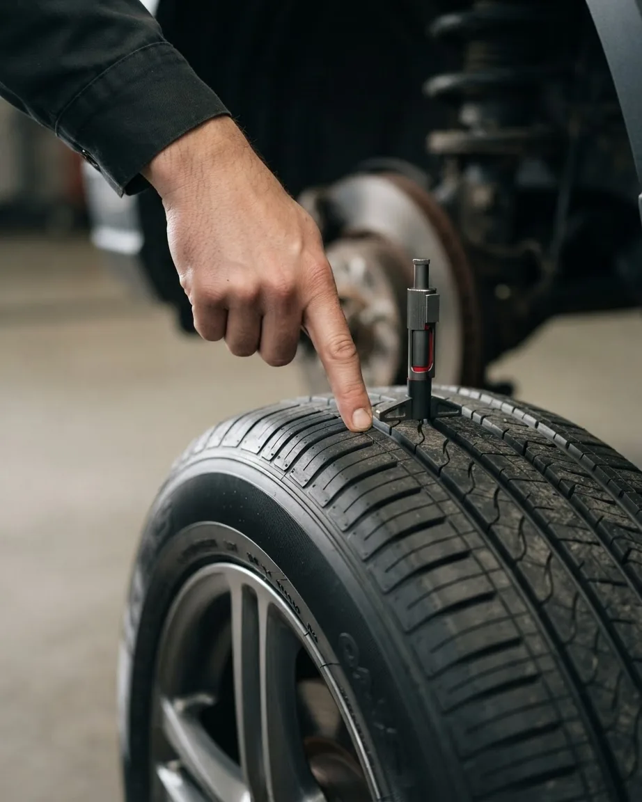 A hand points at tire tread grooves beside a depth gauge, with a car's exposed brake assembly in the background.
