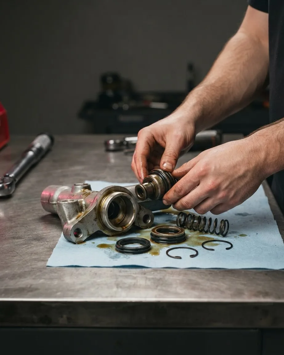 Hands disassemble a brake master cylinder beside seals, springs, and internal parts on a workbench.