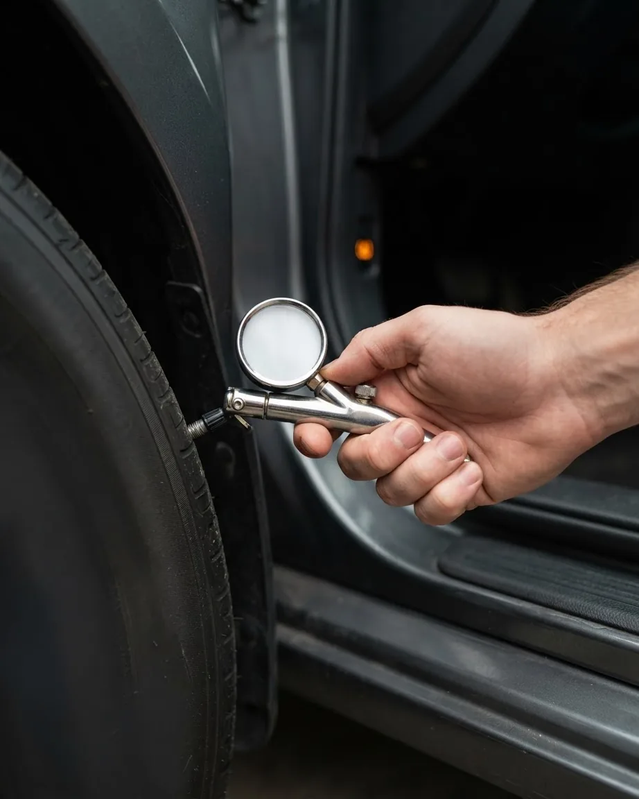 A hand holds a tire pressure gauge against a valve beside an open car door.