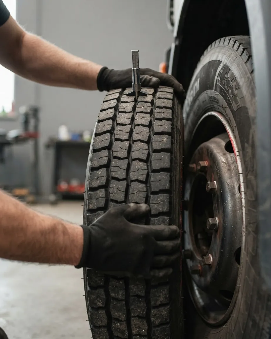 Gloved hands fit a heavy-duty treaded tire onto a truck wheel in a workshop.