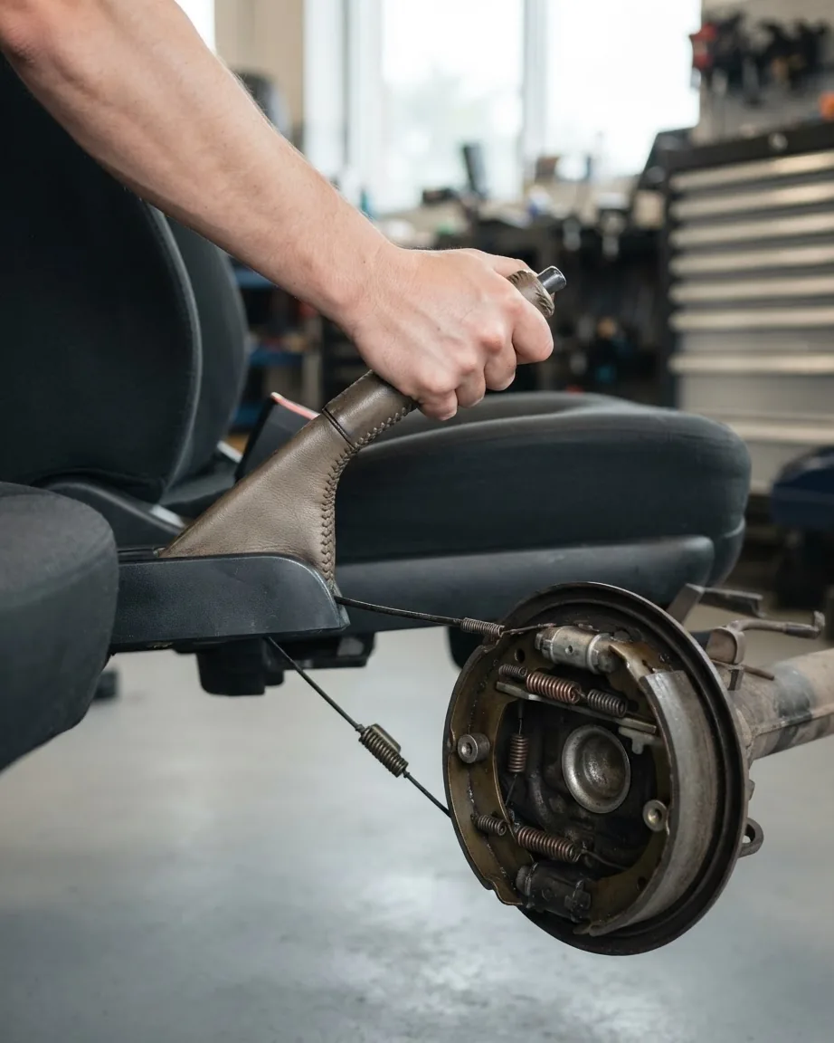 A hand grips a car's parking brake lever beside an exposed rear drum brake assembly with springs and cables.